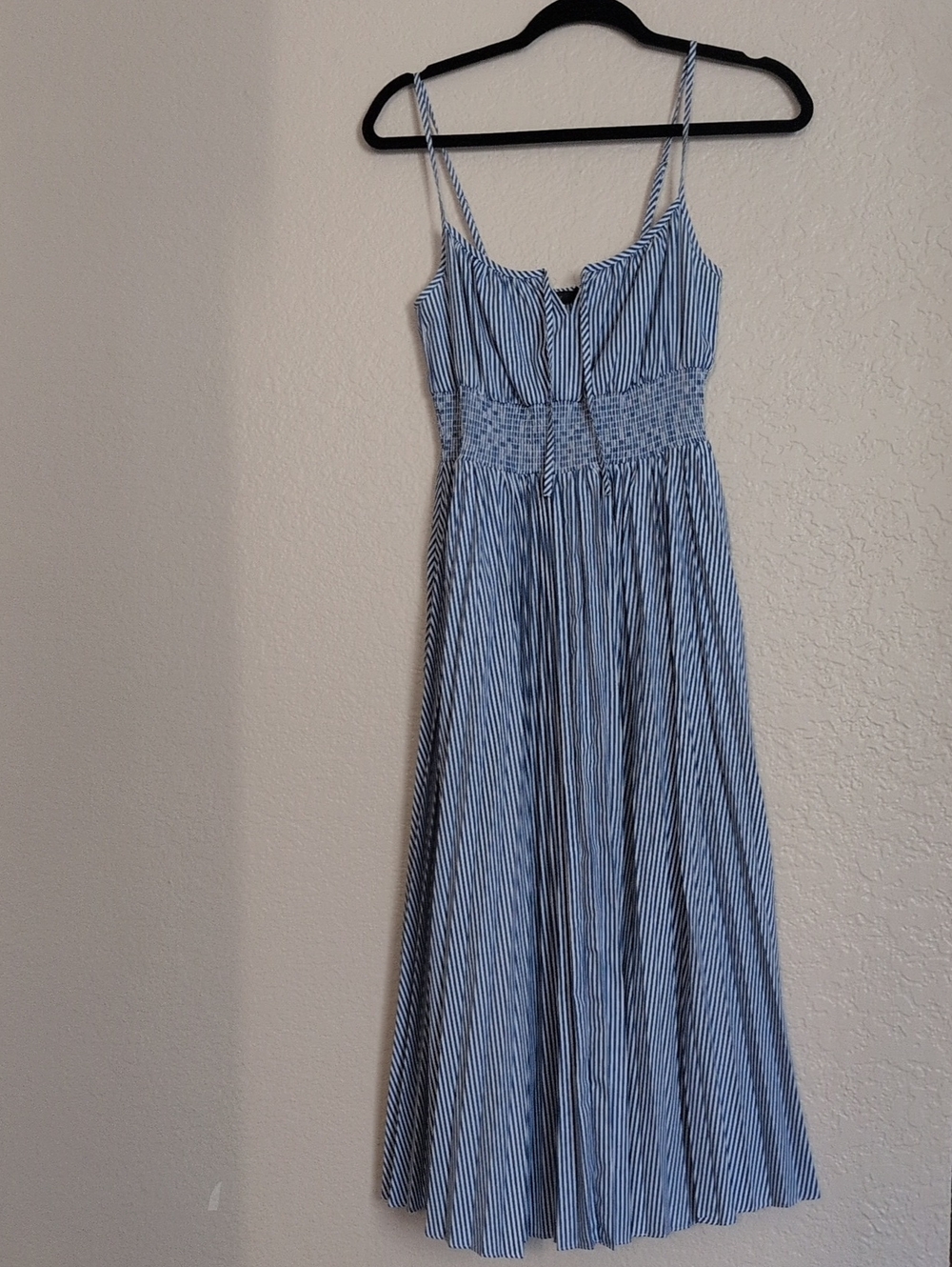J. Crew Blue and White Striped Midi Dress with Smocked Waist